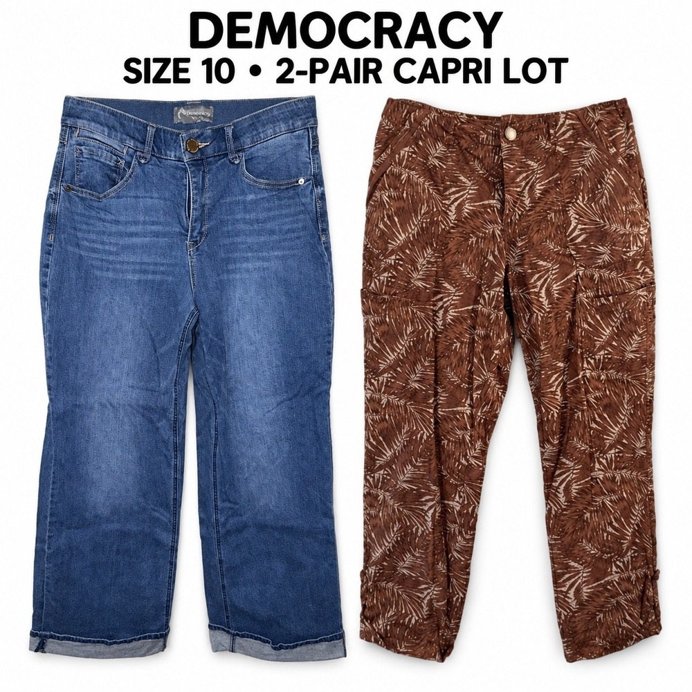 Democracy Women's Capri Pants Size 10 Lot of 2 Denim Brown Leaf Print
